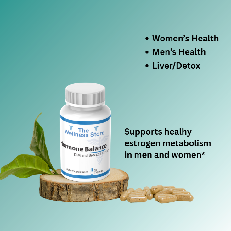 supplement bottle on a slice of wood with Hormone balance supplement from the wellness store with green background
