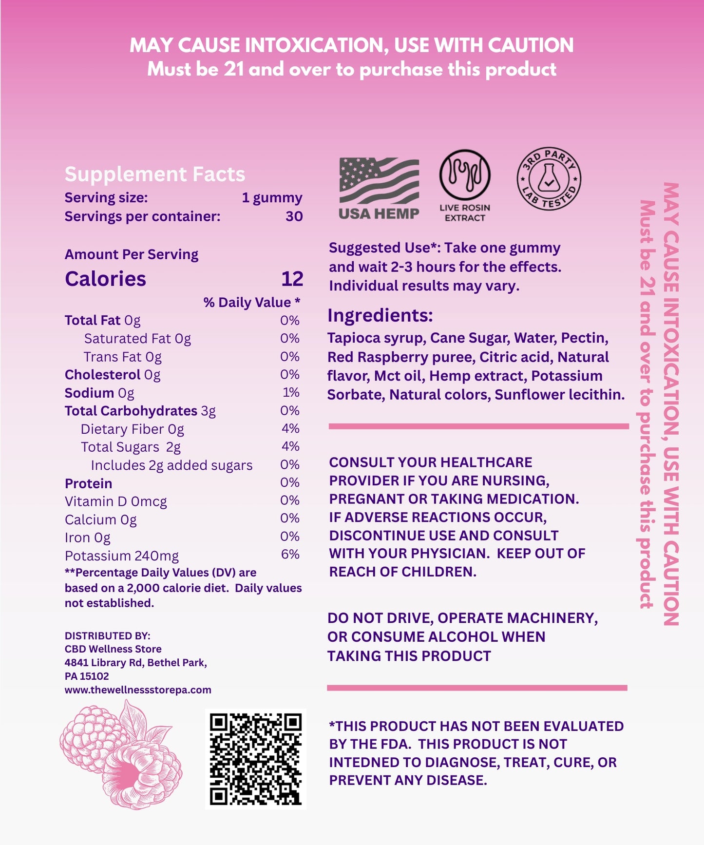 Back of Raspberry Relief gummy bag showing Supplement Facts panel, cannabinoid content, ingredients, and usage instructions