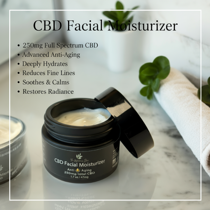 CBD Facial Moisturizer jar with product details on a marble surface