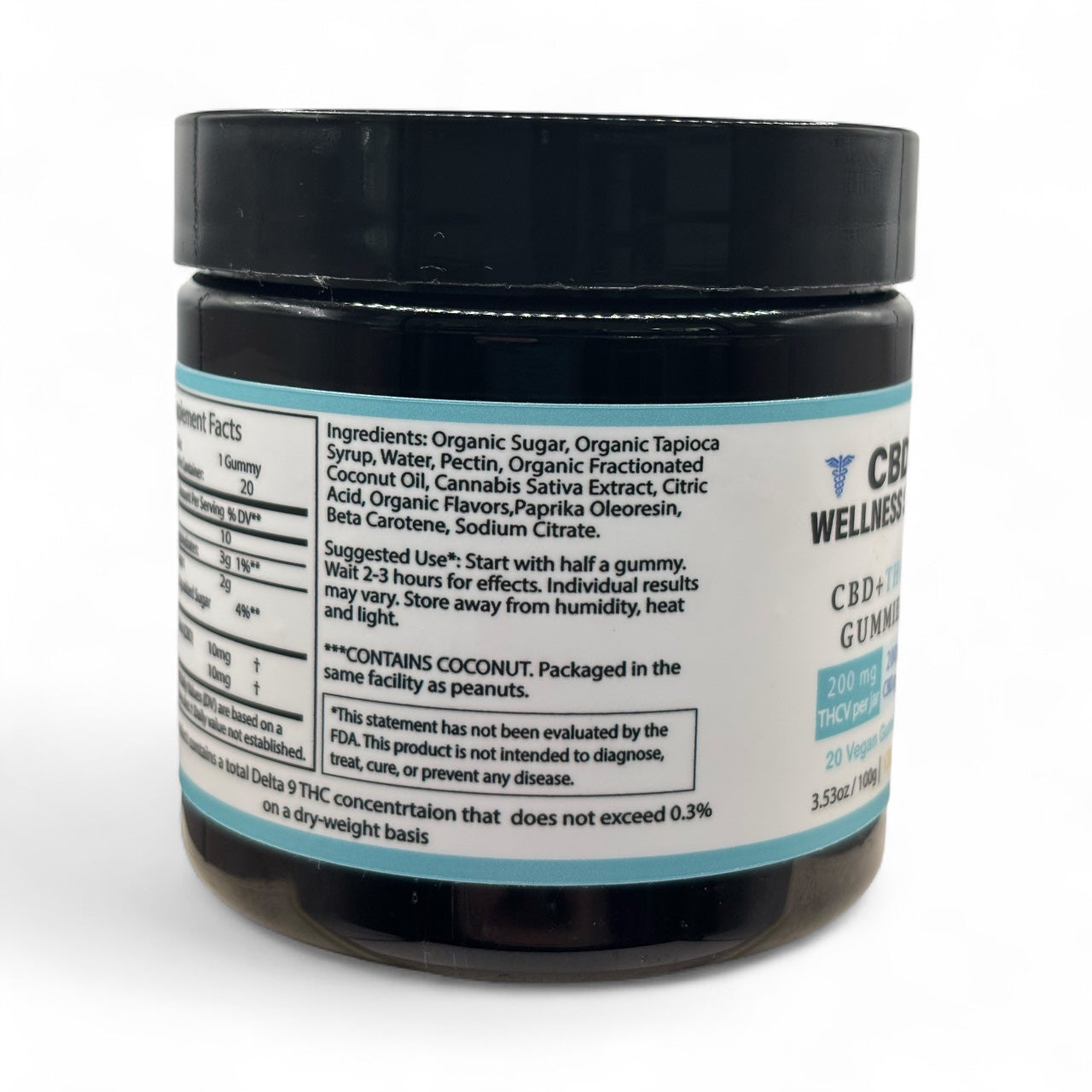 CBD & THCV Gummies Ingredients label on a black jar