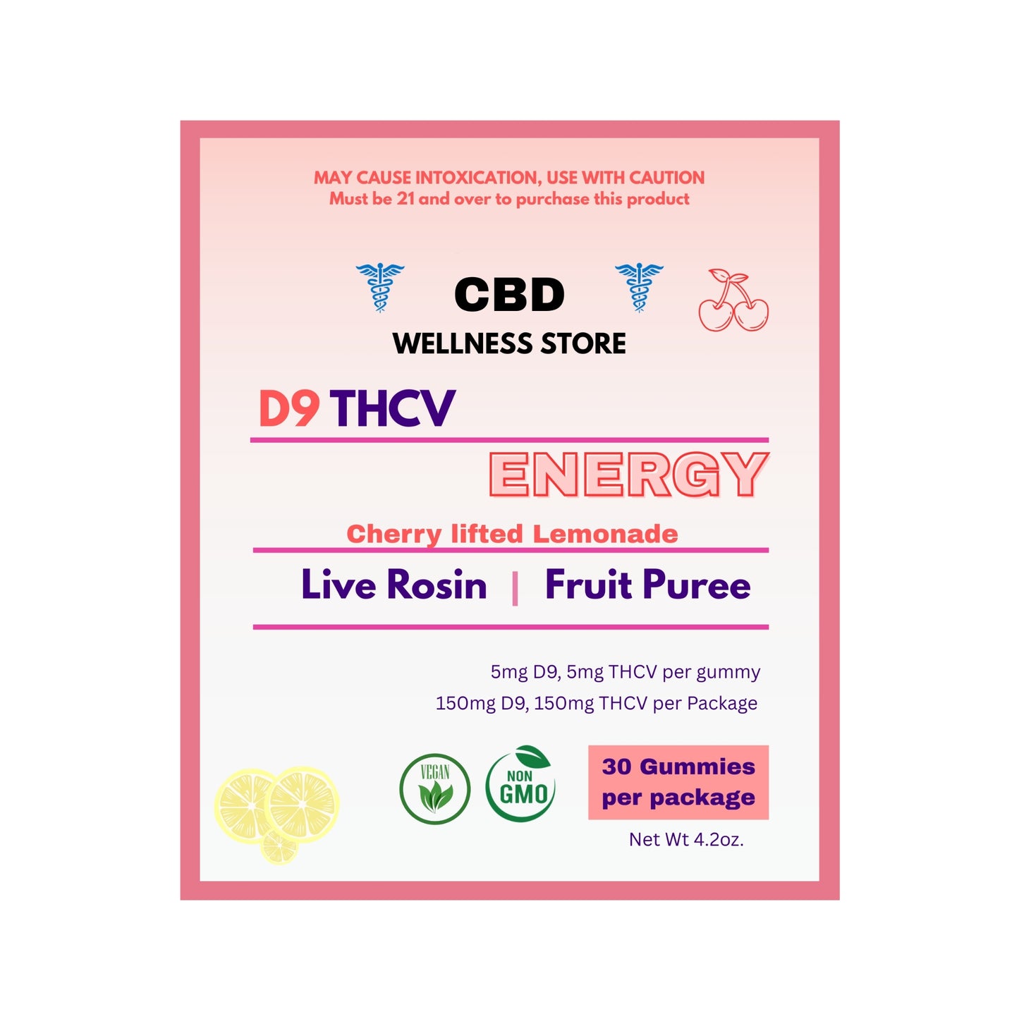 CBD Wellness Store product packaging for D9 THCV gummies with cherry, lifted lemonade flavor.