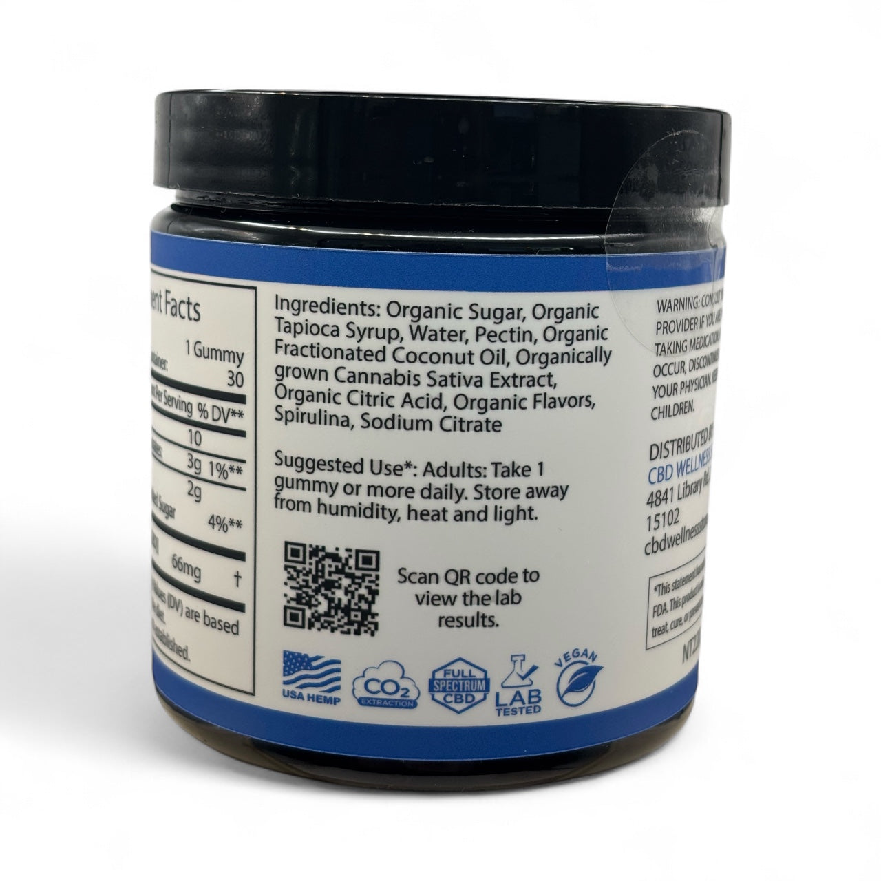 black jar with Ingredients for 2000 mg gummies