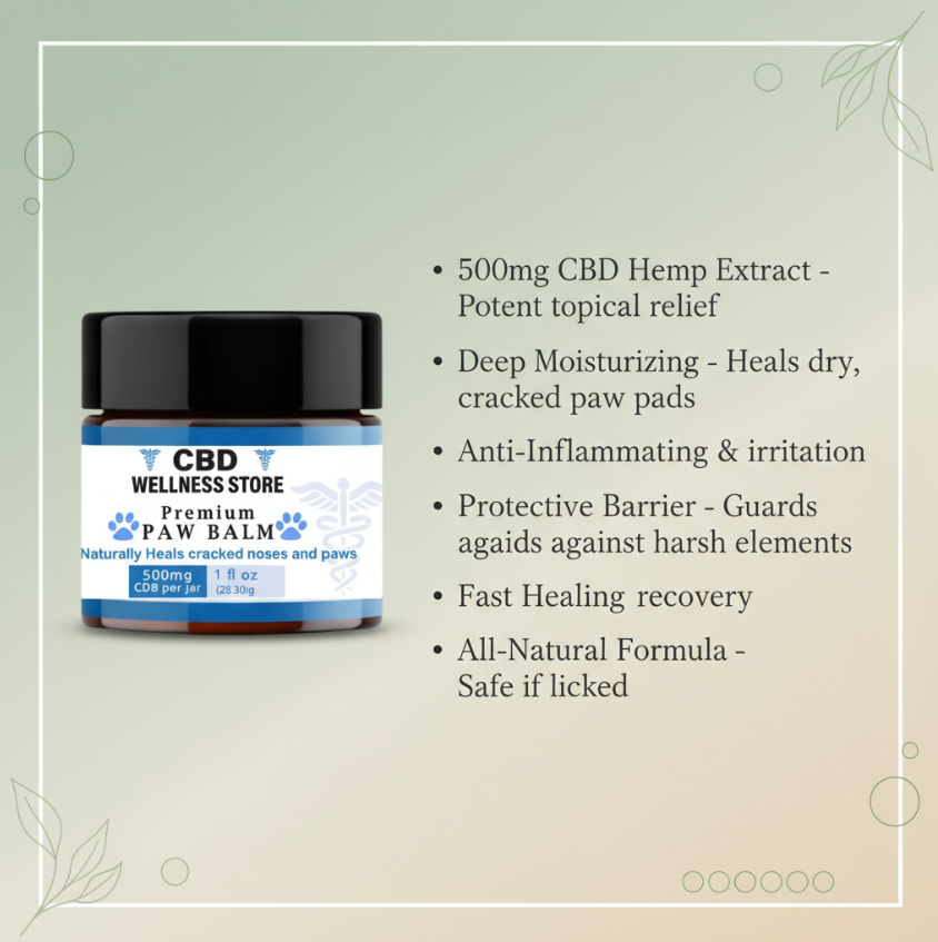 CBD Wellness Store paw balm with product details on a light green background