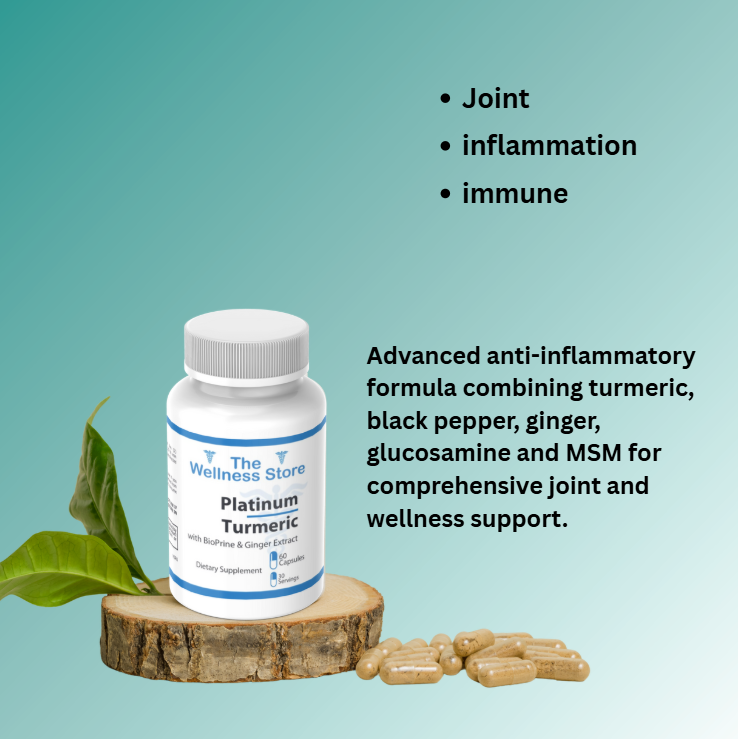 Supplement bottle labeled 'The Wellness Store Platinum Turmeric' on a wooden block with leaves and capsules, against a teal background.
