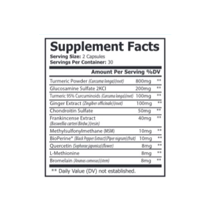 Supplement facts label with various ingredients and their amounts on a white background