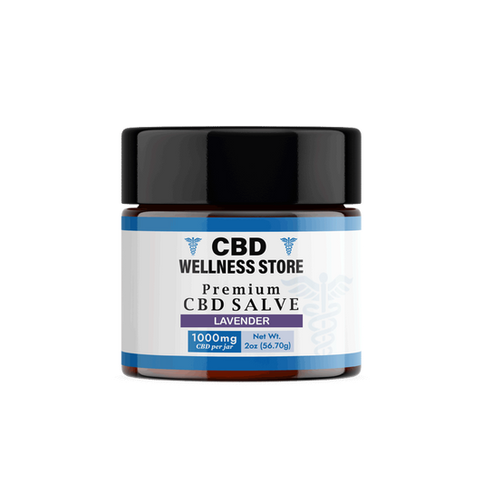 A jar of CBD Wellness Store Premium CBD Salve with 1000mg of Full Spectrum CBD, net wt 2 oz . The label indicates the product is made with organic hemp extract