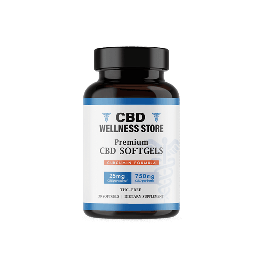A bottle of CBD Wellness Store Premium CBD Softgels with Curcumin. The label shows 25mg CBD and 10mg Curcumin.