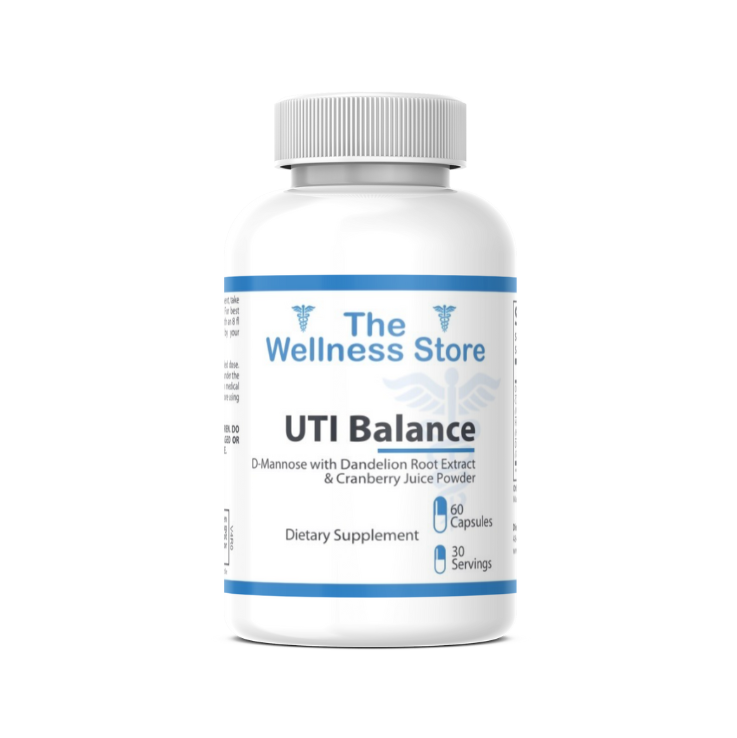 Supplement bottle labeled 'UTI Balance' from 'The Wellness Store' on a white background