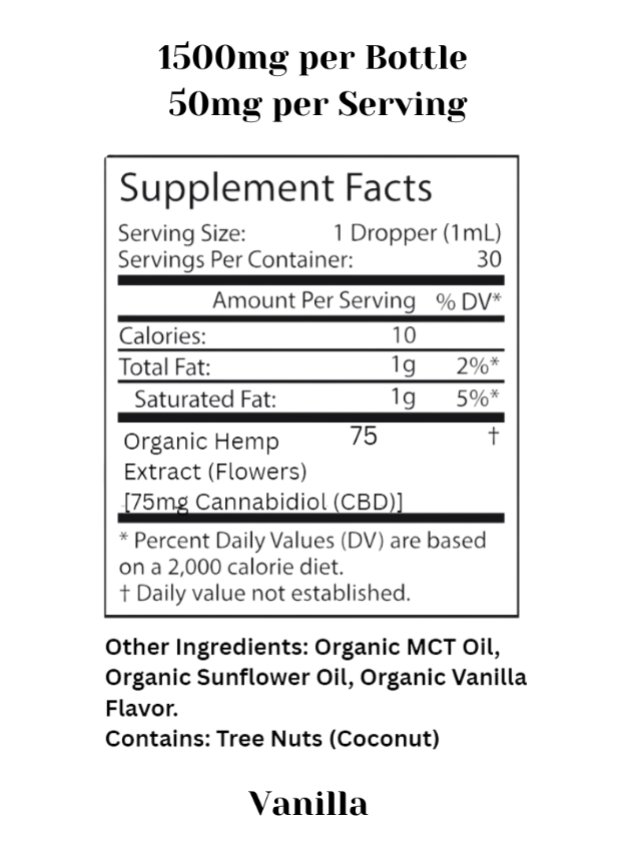 1500mg Vanilla Tincture label with details on serving size, calories, fat content, and ingredients.