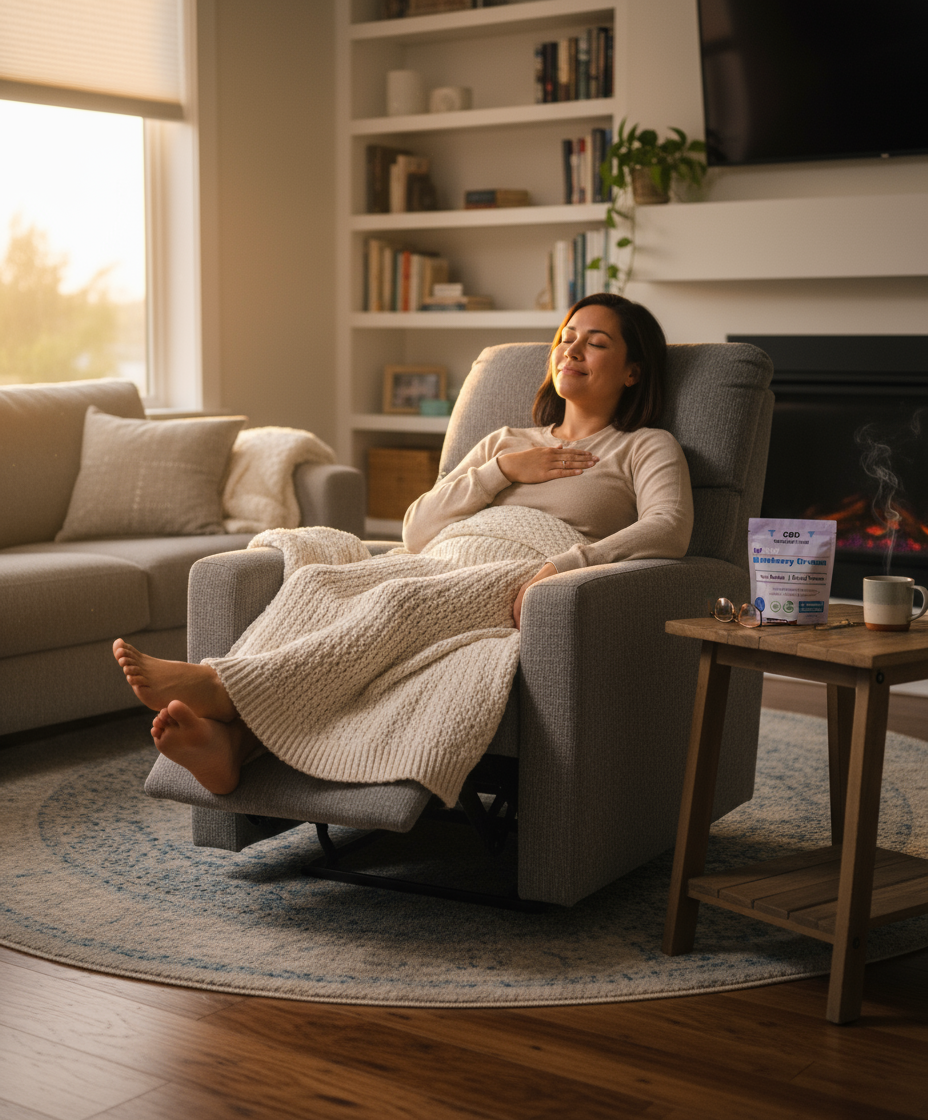 Woman relaxing in a chair with a blanket in a cozy living room.