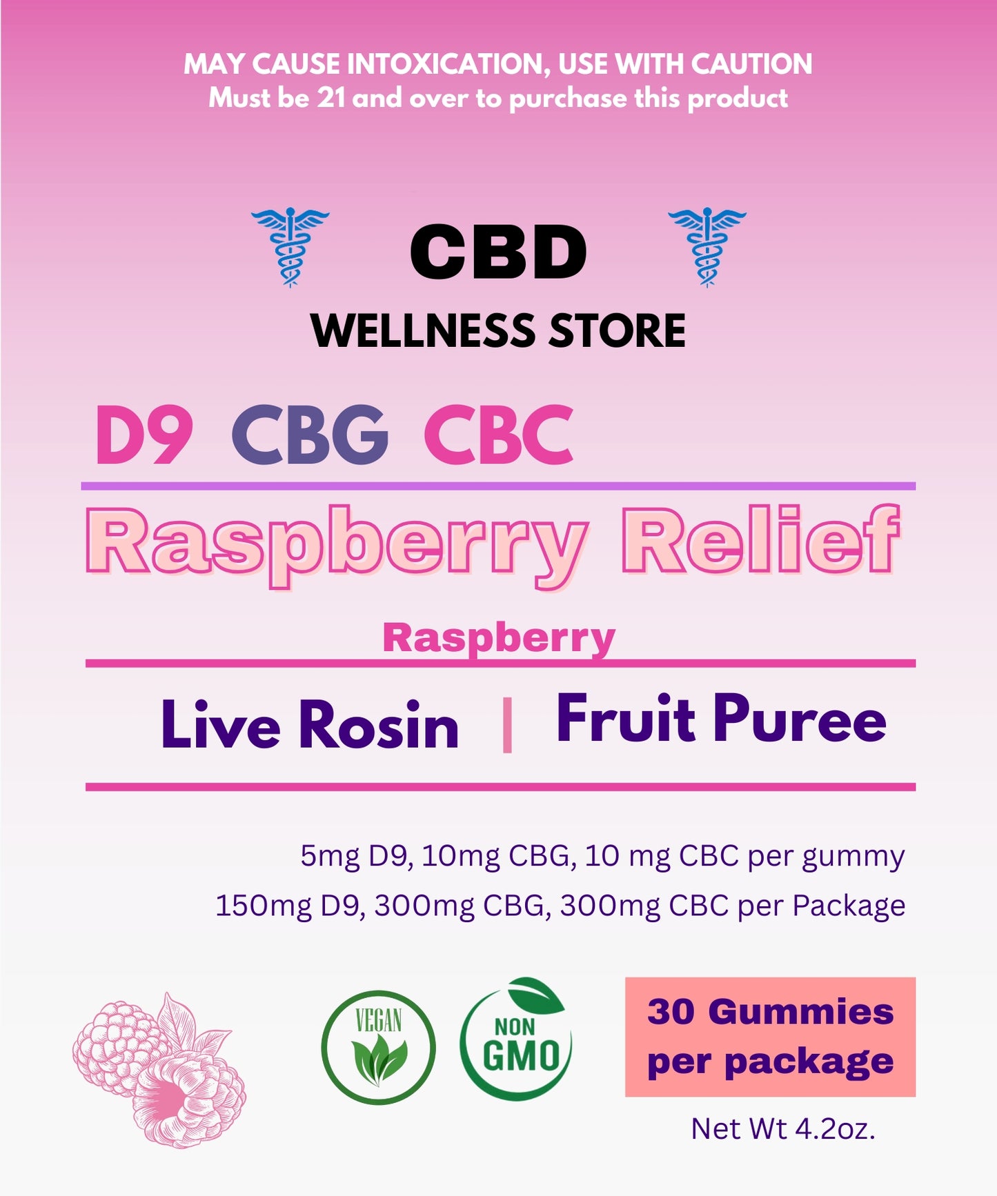 Raspberry Relief gummy bag with 30-count Live Rosin-infused THC, CBG, and CBC gummies, made with real fruit purée