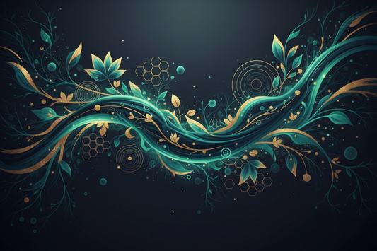 Abstract illustration of glowing neural network patterns in deep navy, emerald green, and gold, representing brain health and natural wellness.