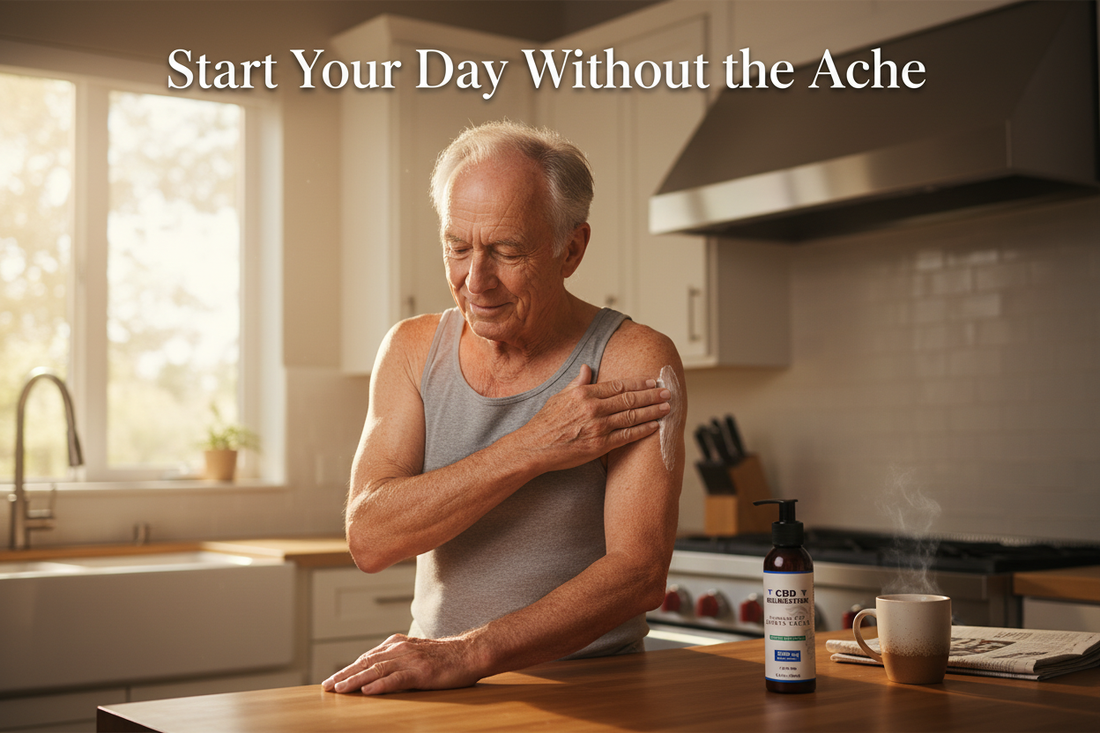 Senior man applying CBD pain relief cream to shoulder in morning routine for arthritis and joint discomfort