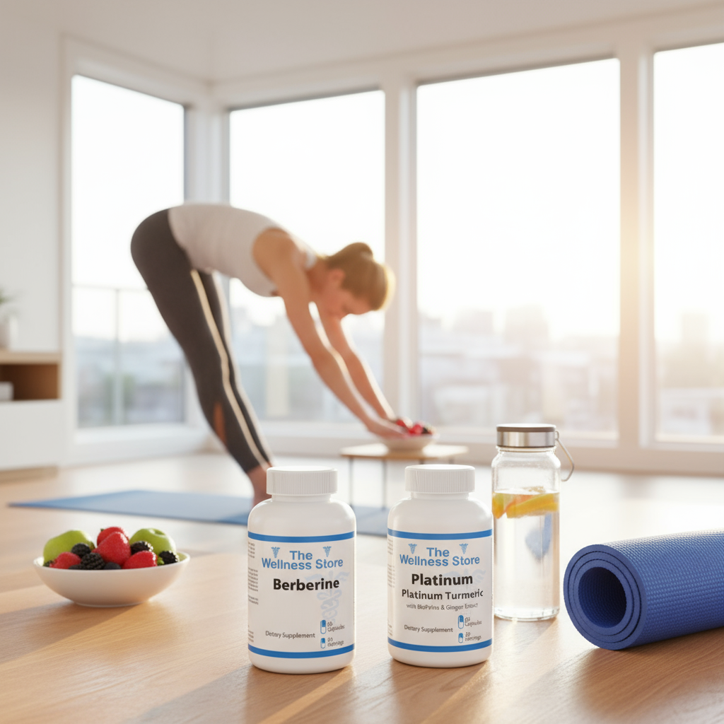 Three natural supplement bottles in foreground with active person stretching in bright home wellness space