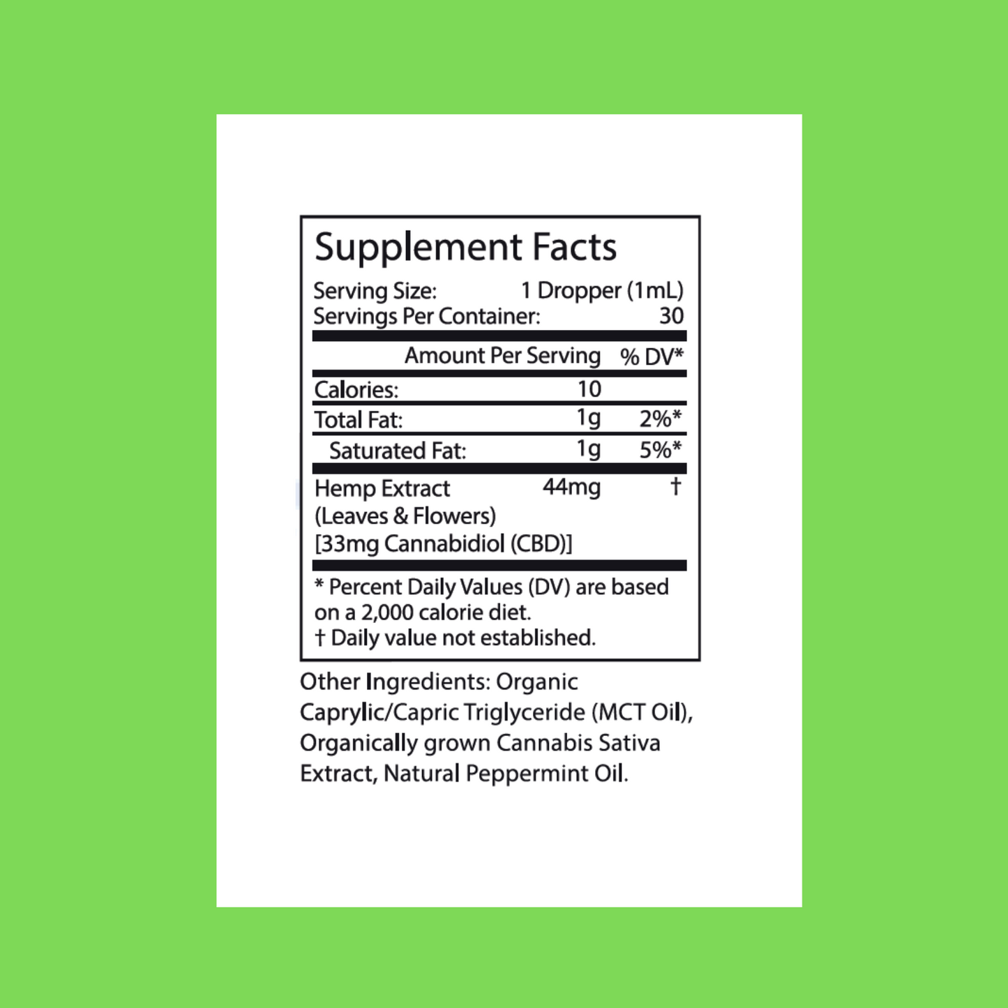 supplement facts for 1000mg CBD fresh mint tincture
