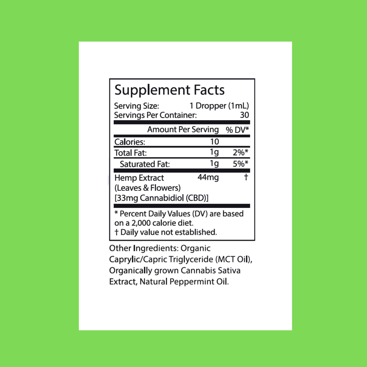 supplement facts for 1000mg CBD fresh mint tincture