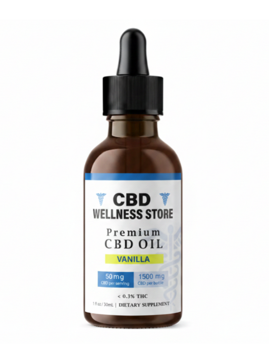 CBD Wellness Store premium Vanilla full spectrum 1500mg CBD oil bottle with dropper on a white background