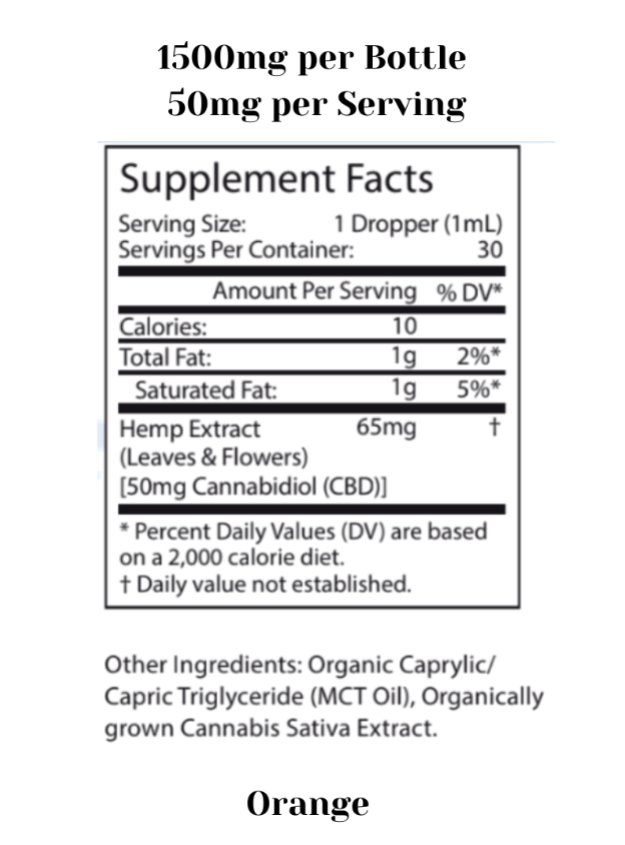 1500 mg orange tincture label with details on hemp extract and CBD content per bottle and serving.