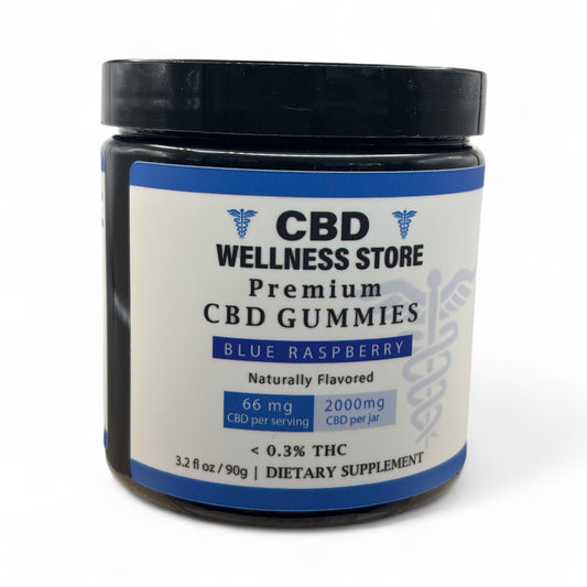 Jar of CBD Wellness Store premium CBD gummies on a white background