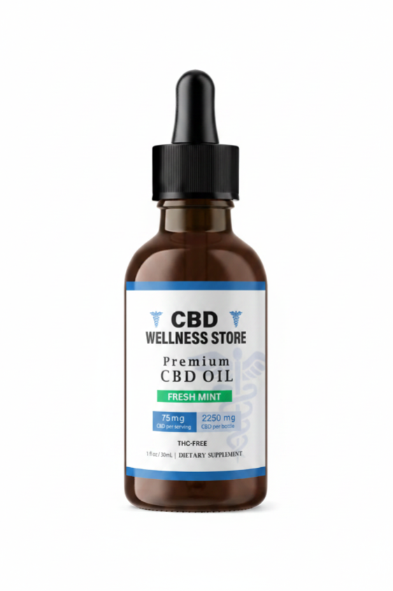 CBD Wellness Store premium2250mg broad spectrum CBD oil bottle on a white background