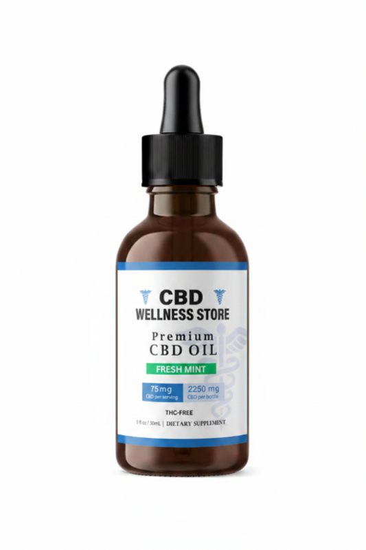 CBD Wellness Store premium2250mg broad spectrum CBD oil bottle on a white background