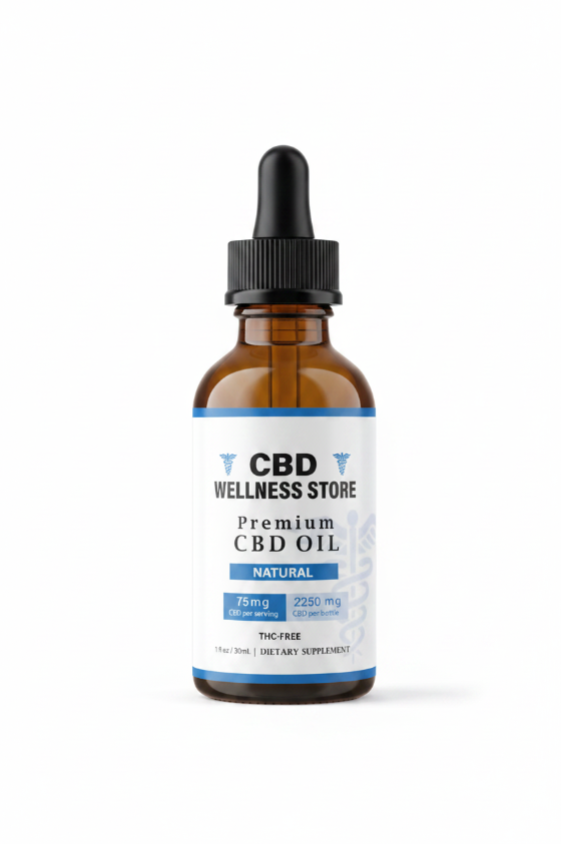 2250mg Broad spectrum Natural CBD Oil bottle with dropper on a white background