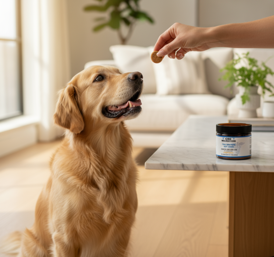CBD Dog Treats - A hand offering a peanut butter chew to a golden retriever in a home setting.