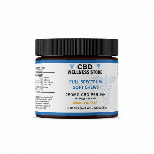 Jar of CBD Wellness Store full spectrum soft chews on a white background