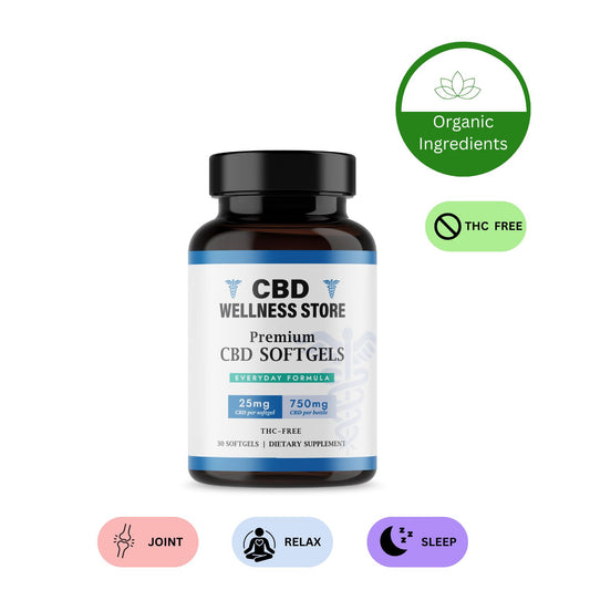 25mg CBD Softgels benefits joint pain, helps relaxation and sleep.  Thc Free and Organic Ingredients