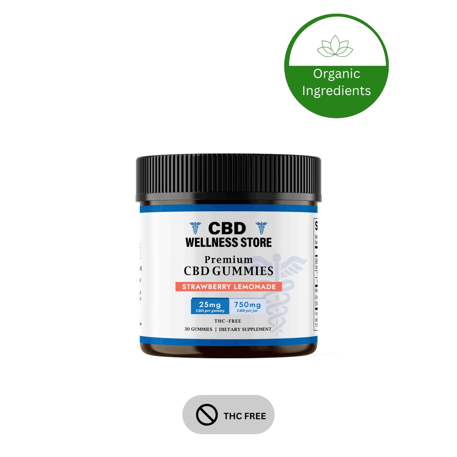 A container of CBD Wellness Store's Premium CBD Gummies, labeled as THC Free and containing 750mg of CBD, with a green 'Organic Ingredients' badge.