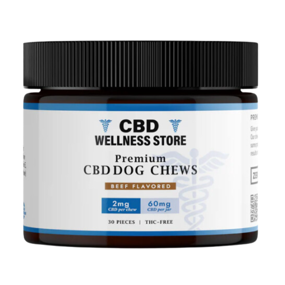 A bottle of CBD Wellness Store Premium CBD Dog Chews with 60mg CBD, 30 pieces, THC-free, beef flavored.
