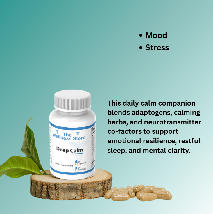 Bottle of 'Deep Calm' supplement from The Wellness Store on a wooden block with leaves and capsules on a teal background.
