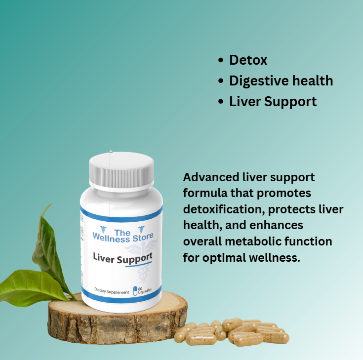 Liver support supplement bottle with capsules on a wooden block against a teal background