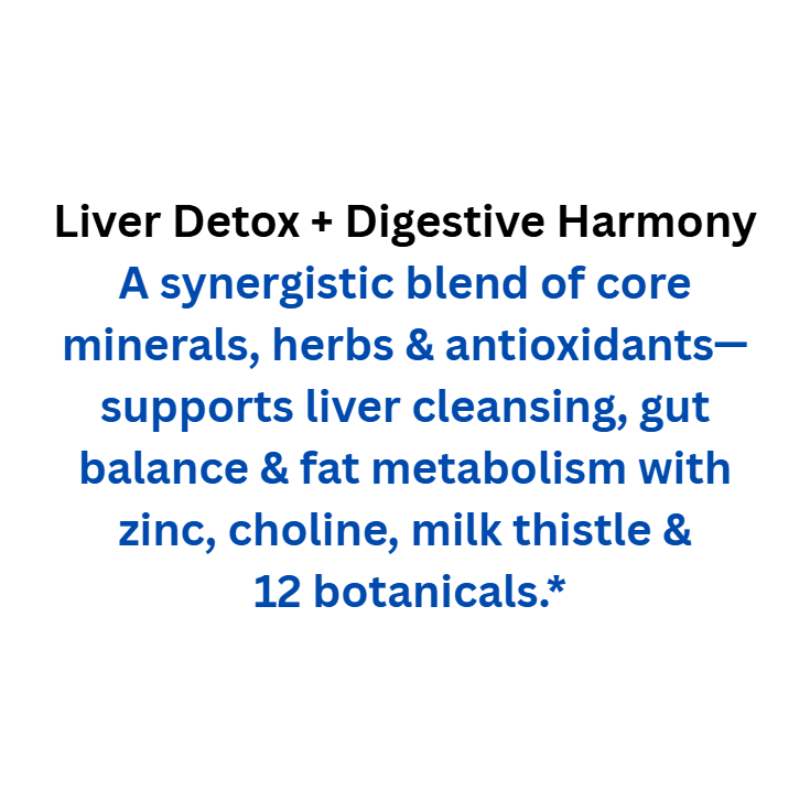 Text describing a liver detox and digestive harmony supplement with ingredients listed.