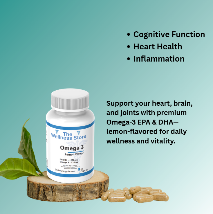 Omega-3 supplement bottle with lemon flavor on a wooden block against a teal background