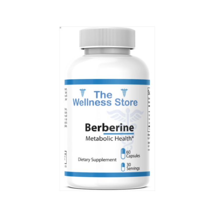 Supplement bottle labeled 'Berberine' from 'The Wellness Store' on a white background