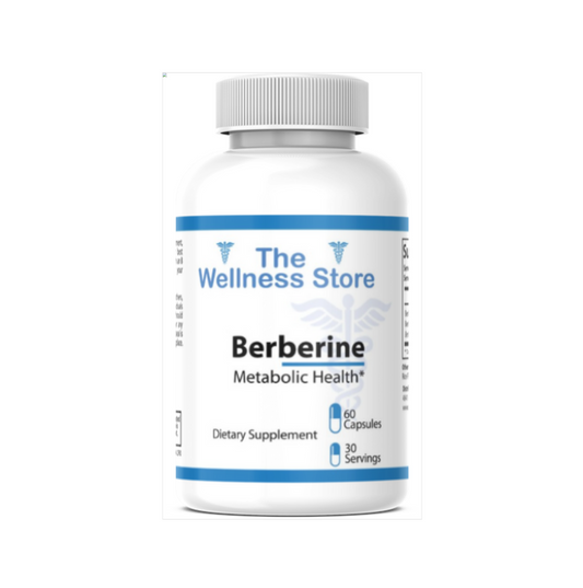 Supplement bottle labeled 'Berberine' from 'The Wellness Store' on a white background