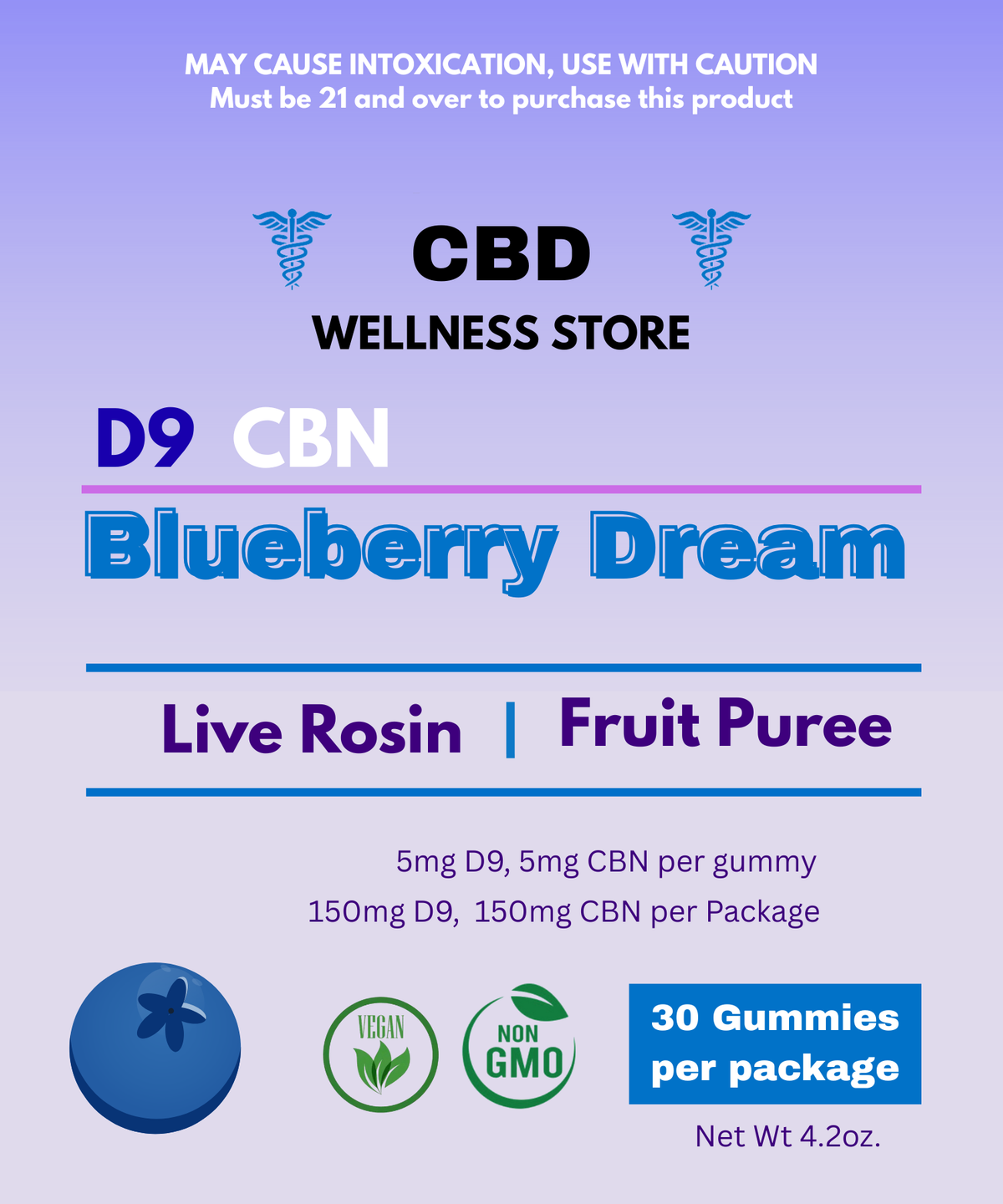 Blueberry Dream THC sleep gummies bottle - 30ct with 5mg Delta 9 and 5mg CBN per gummy