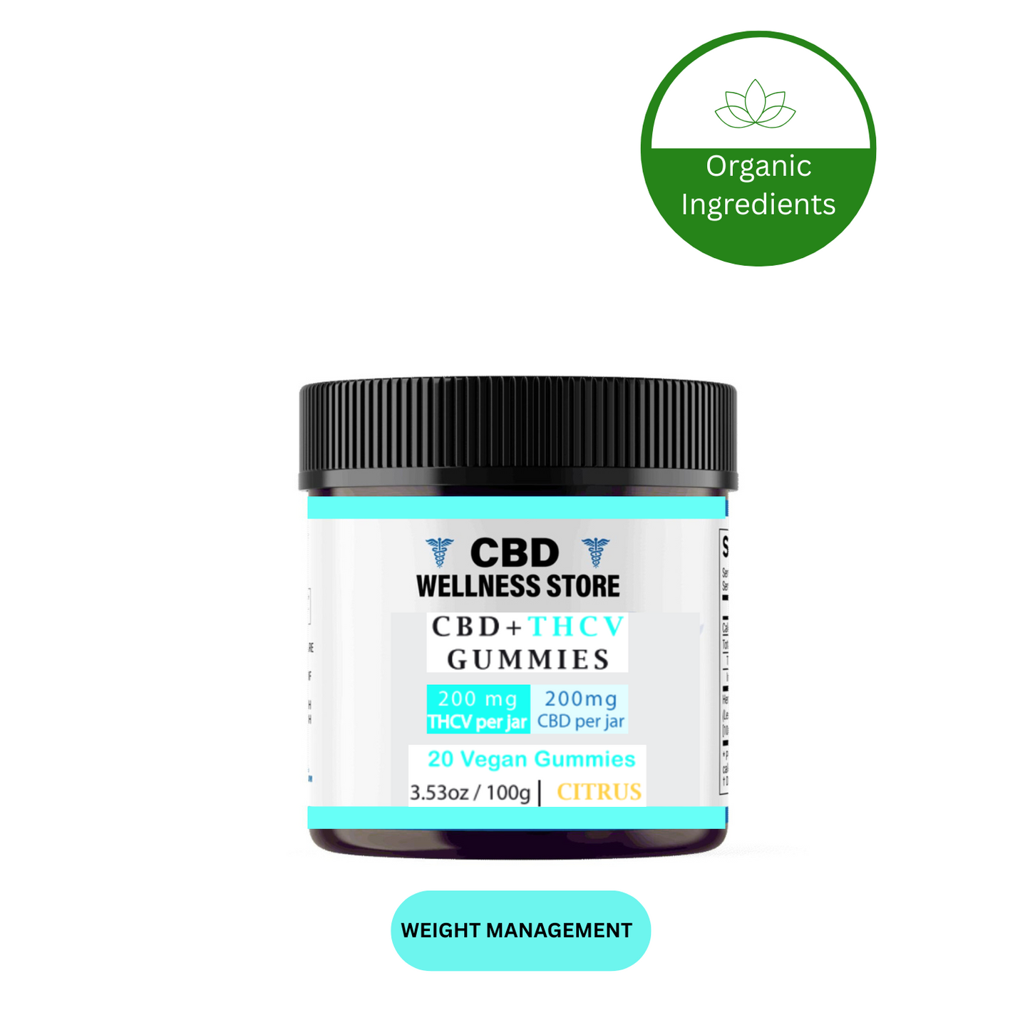 Jar of CBD Wellness Store gummies with organic ingredients label on a white background