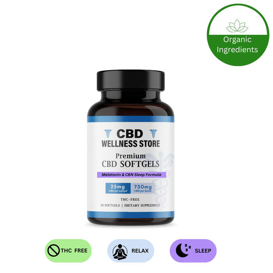 CBD Wellness Store Sleep Formula Softgels with benefits of THC Free relaxation and sleep.