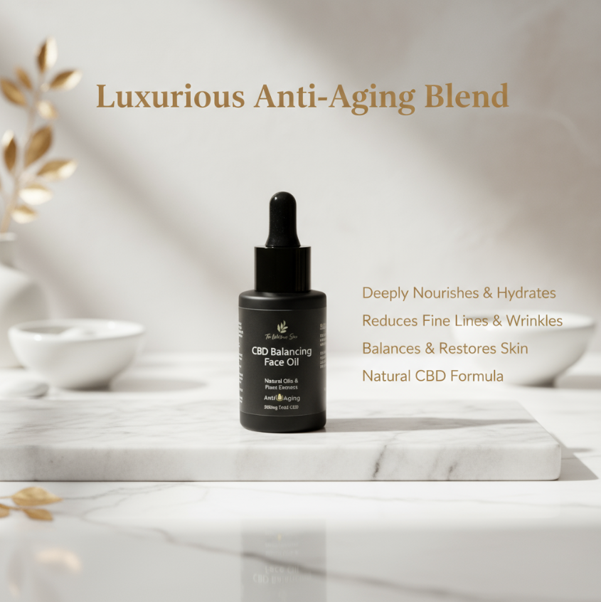 CBD face oil bottle on a marble surface with benefits