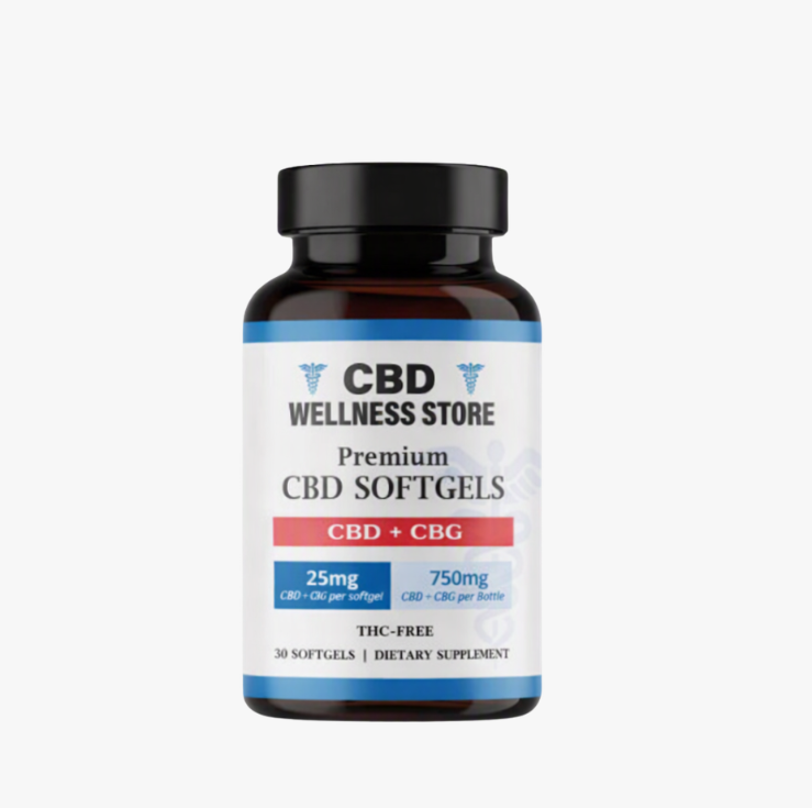 CBD Wellness Store CBD and CBG softgels bottle, 25mg CBD plus 25mg CBG per softgel