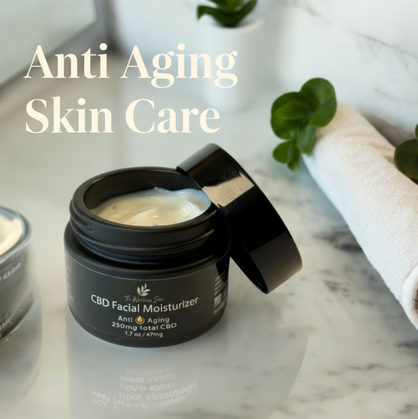 CBD facial moisturizer jar with open lid on a marble surface, labeled 'Anti Aging Skin Care'.