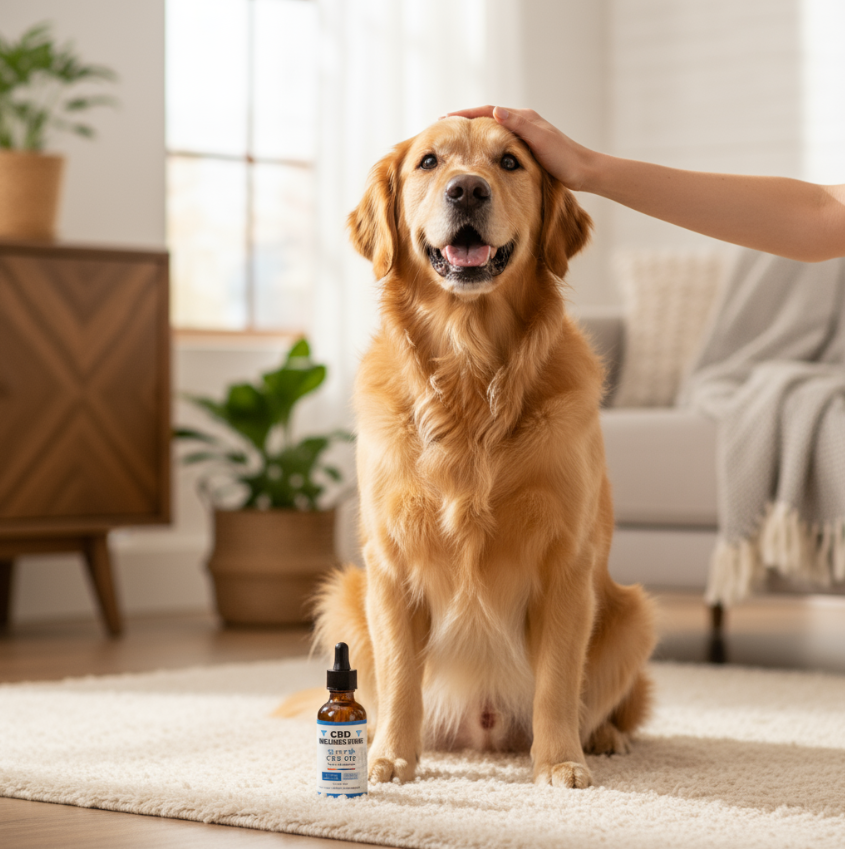 Happy golden retriever sitting on a carpet with a bottle of CBD oil in front of it, in a cozy living room.