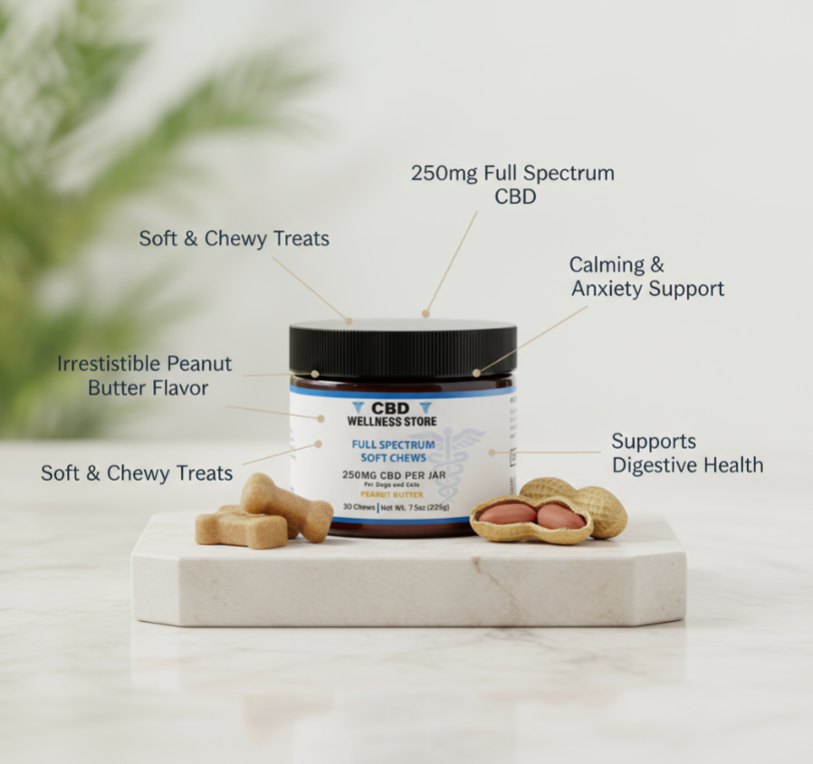 Jar of CBD Wellness Store soft and chewy treats with text highlighting benefits on a marble surface.