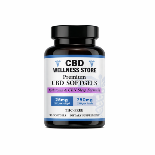 CBD Wellness Store premium CBD sleep softgels with CBN and Melatonin bottle on a white background