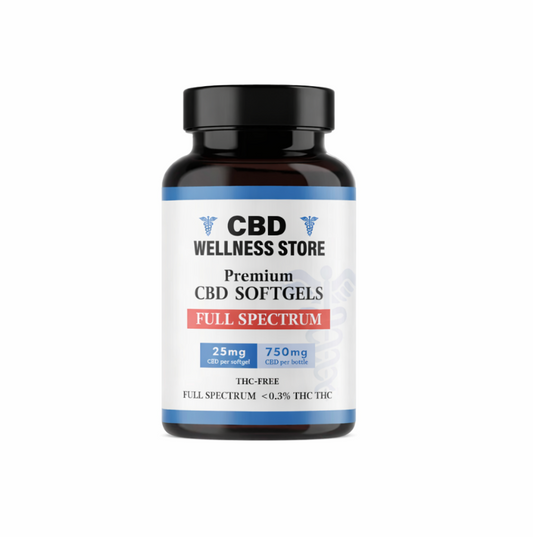 Bottle of CBD Wellness Store Premium Full Spectrum CBD Softgels on a white background