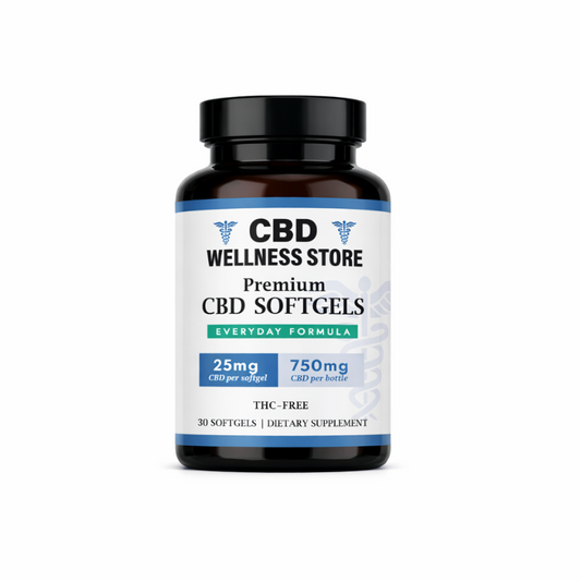 CBD Wellness Store premium Broad Spectrum 25mg CBD softgels bottle on a white background