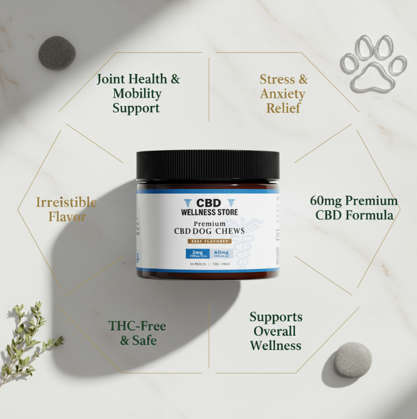 Jar of CBD Wellness Store premium CBD pet chews on a light background with text highlighting benefits.