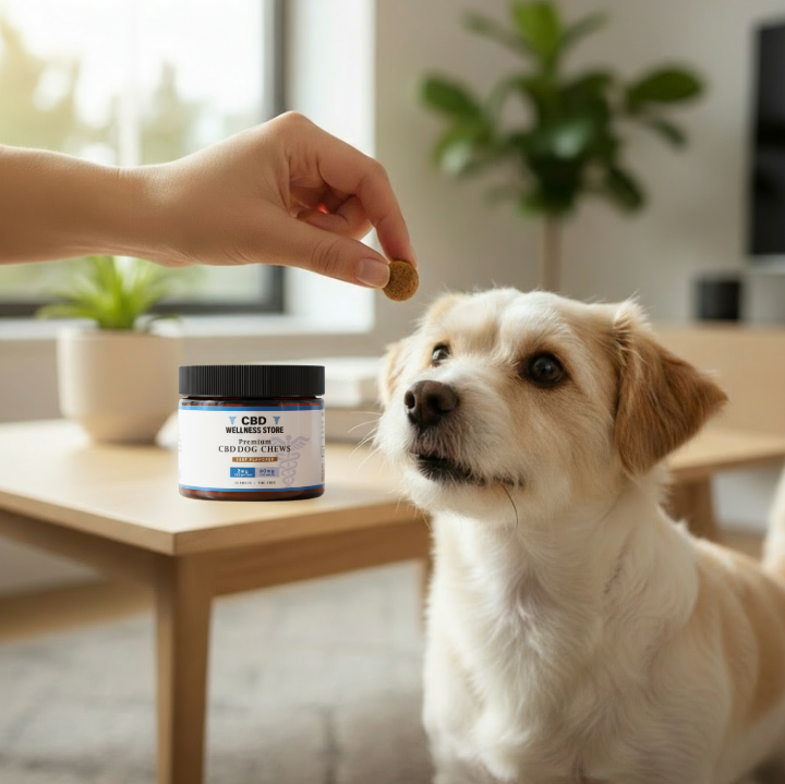 Dog being fed a treat with a jar of CBD pet supplement on a table.